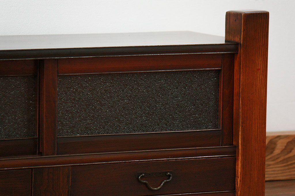 アンティーク家具　古民具・骨董 ダイヤガラス入りの小さな置き床(置床、ローボード)