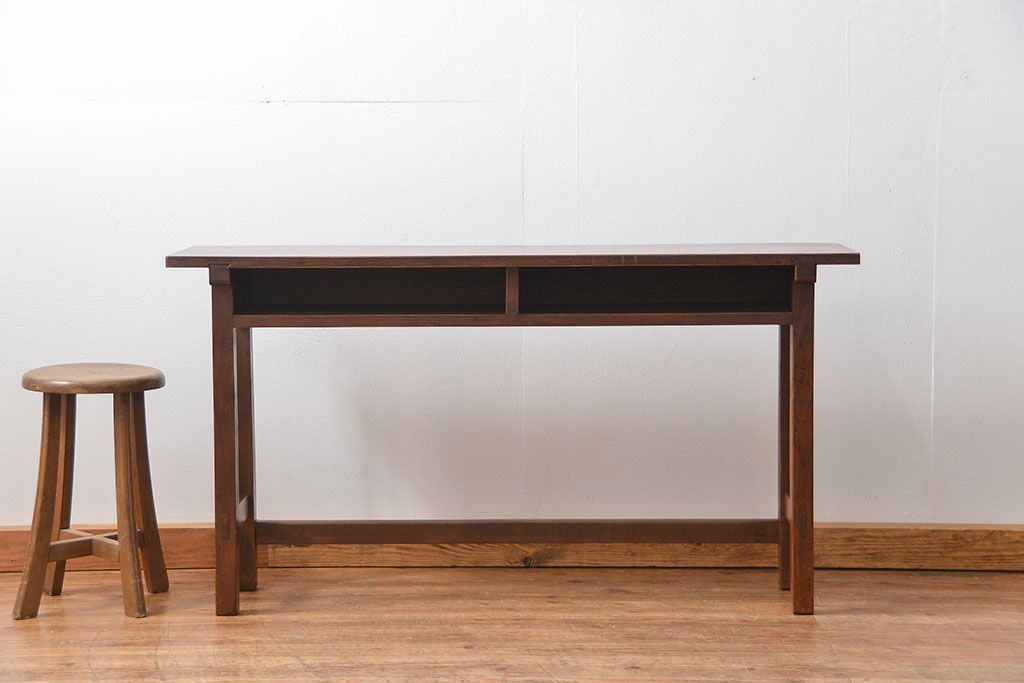 アンティーク家具　アンティーク 天板ナラ材の薄型作業台(4)(サイドテーブル、机、在宅ワーク、在宅用デスク)