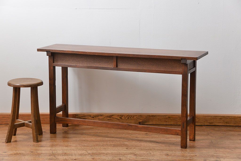 アンティーク家具　アンティーク 天板ナラ材の薄型作業台(4)(サイドテーブル、机、在宅ワーク、在宅用デスク)