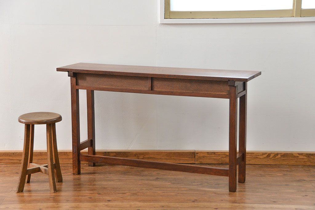 アンティーク家具　古民具・骨董 天板ナラ材の薄型作業台(5)(サイドテーブル、机、在宅ワーク、在宅用デスク)