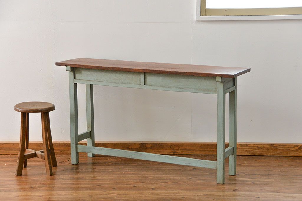 アンティーク家具　アンティークペイント仕上げ　横長サイドテーブル(2)　(机、在宅ワーク、在宅用デスク、作業台)