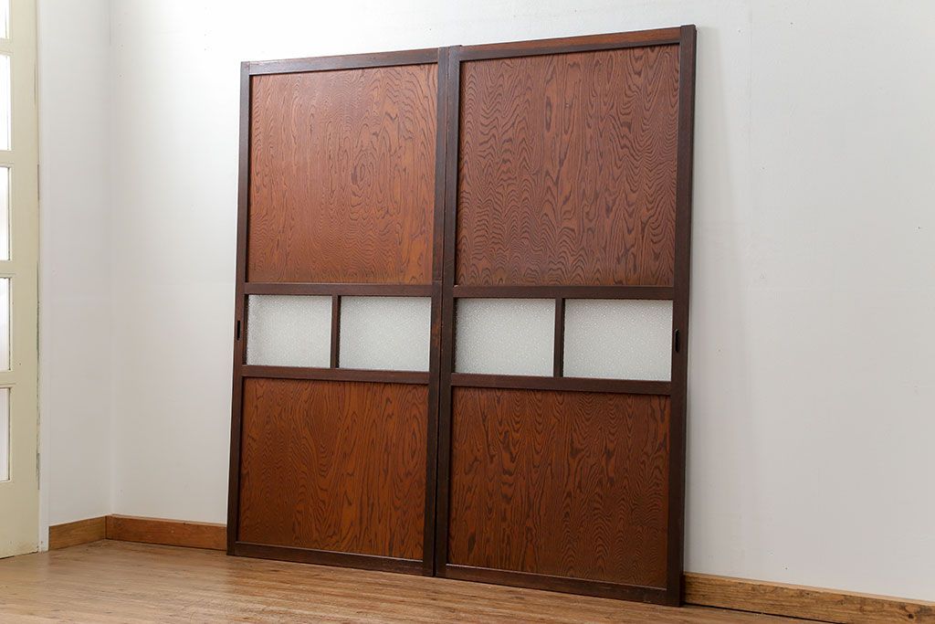 昭和レトロ ダイヤガラス入りのガラス帯戸　2枚セット(引き戸、ガラス戸)