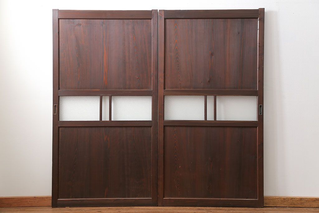 和製アンティーク ダイヤガラス入りのガラス帯戸2枚セット(引き戸・ガラス戸)