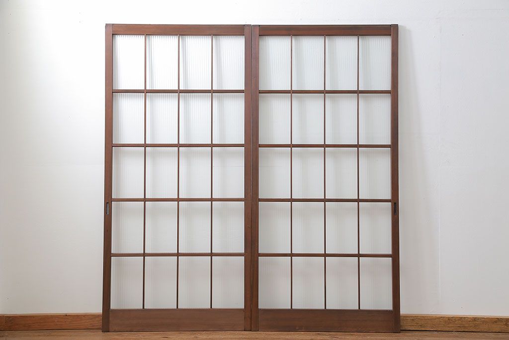 昭和レトロ モールガラス入りのシンプルなガラス戸　2枚セット(建具、引き戸)