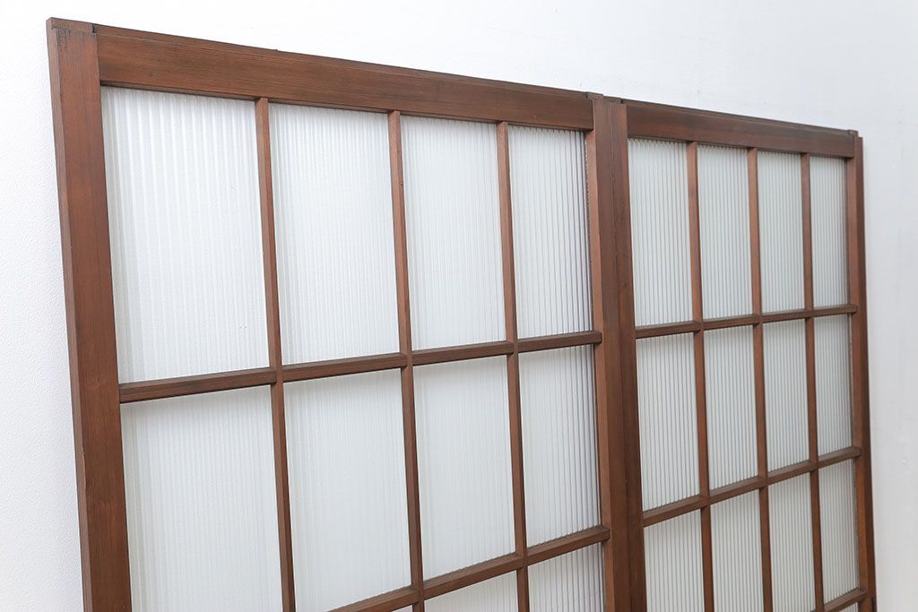 昭和レトロ モールガラス入りのシンプルなガラス戸　2枚セット(建具、引き戸)