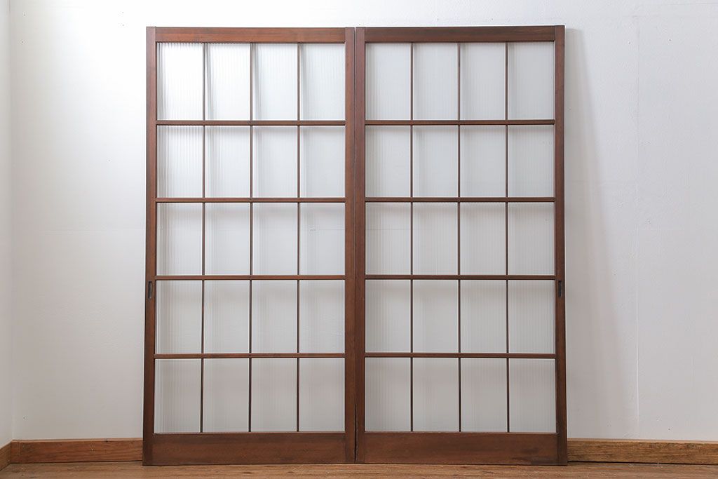 昭和レトロ モールガラス入りのシンプルなガラス戸　2枚セット(建具、引き戸)