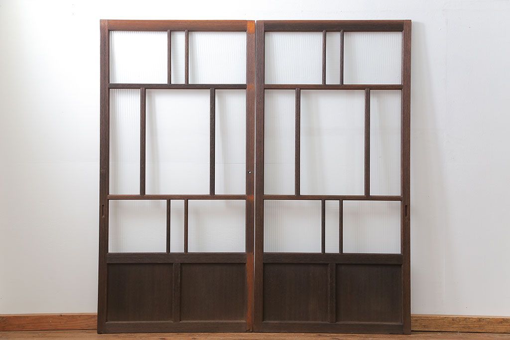 アンティーク モールガラス入りのレトロなガラス戸　2枚セット　(建具、引き戸)