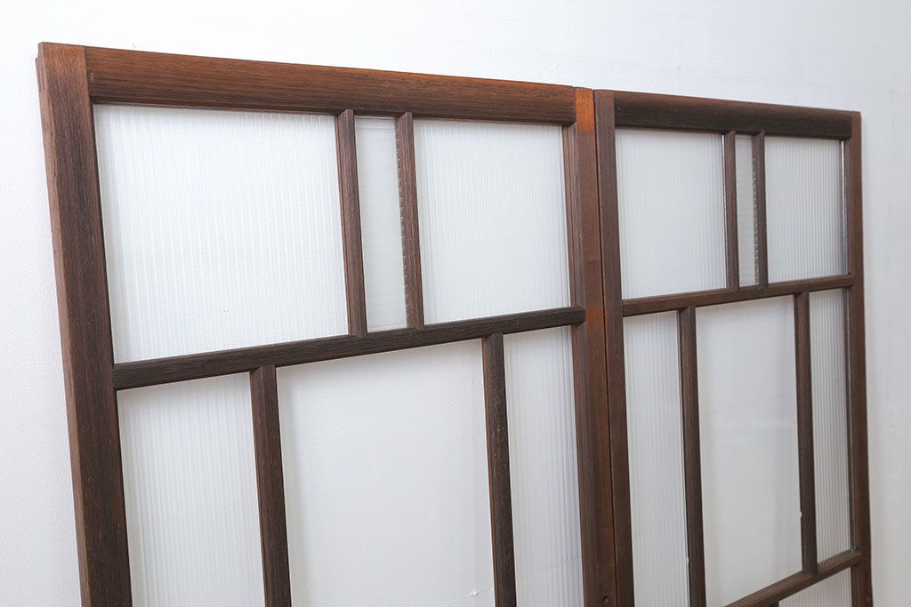 アンティーク モールガラス入りのレトロなガラス戸　2枚セット　(建具、引き戸)