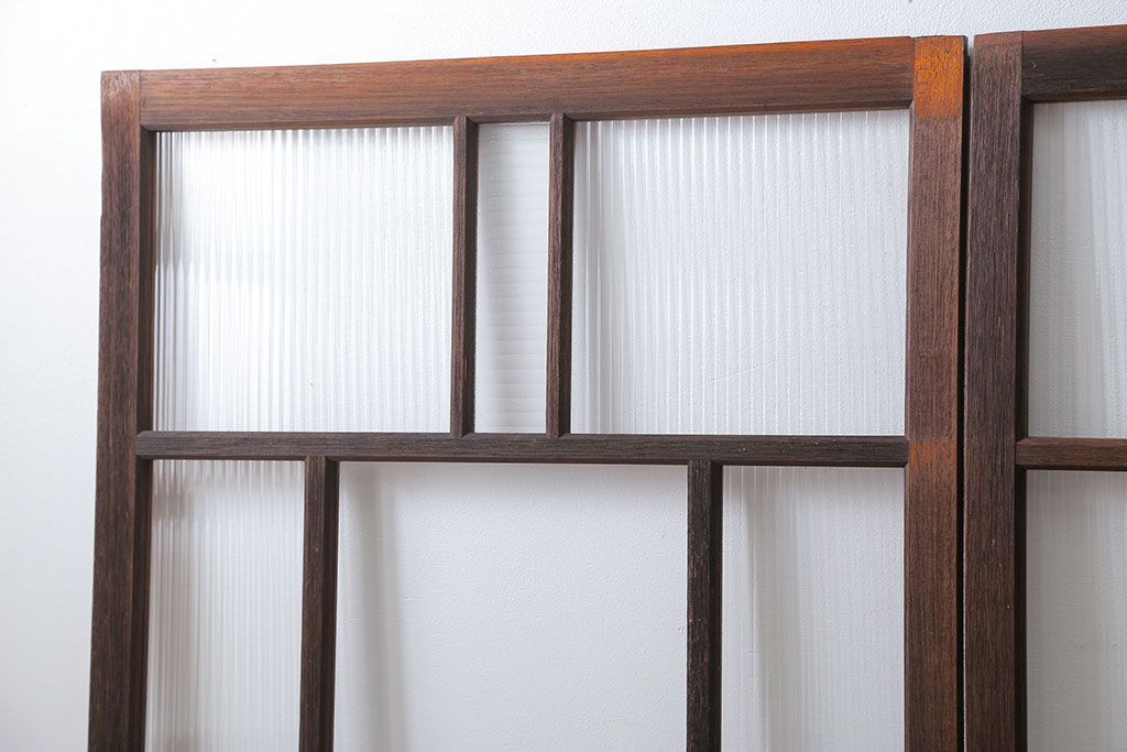 アンティーク モールガラス入りのレトロなガラス戸　2枚セット　(建具、引き戸)