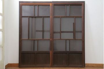 アンティーク モールガラス入りのレトロなガラス戸　2枚セット　(建具、引き戸)