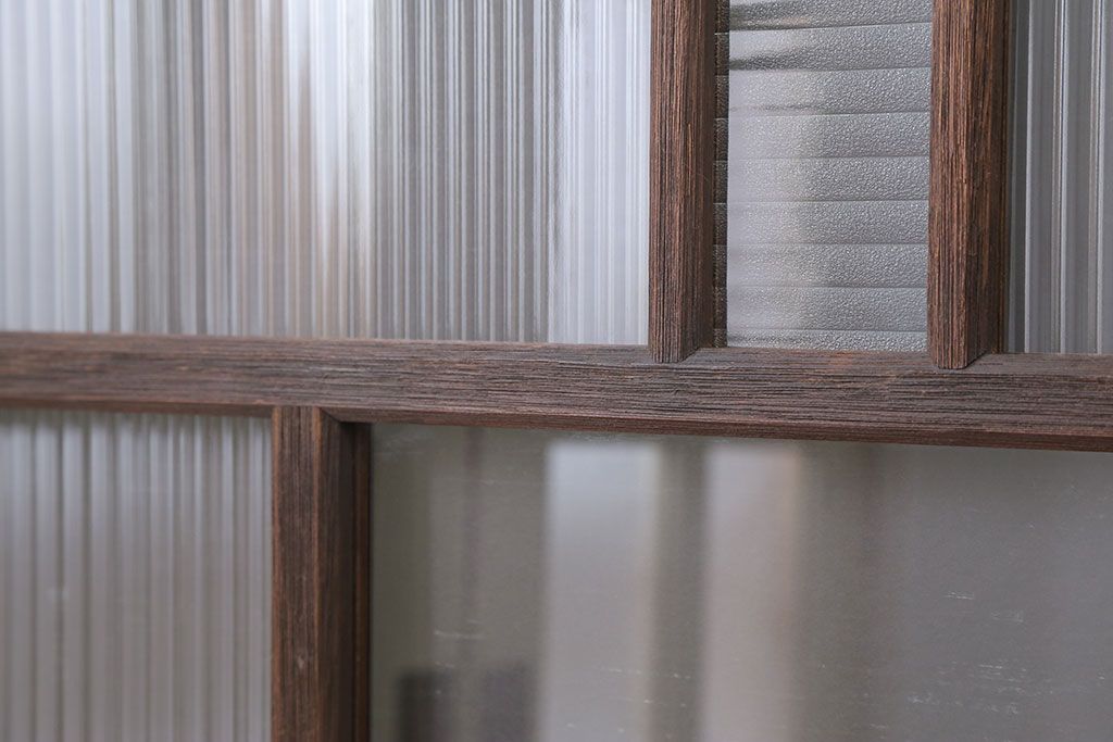 アンティーク モールガラス入りのレトロなガラス戸　2枚セット　(建具、引き戸)