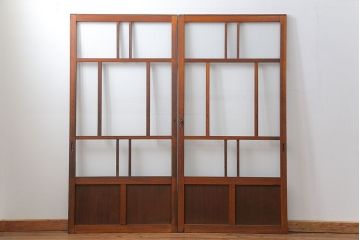 アンティーク モールガラス入りのレトロなガラス戸　2枚セット　(建具、引き戸)