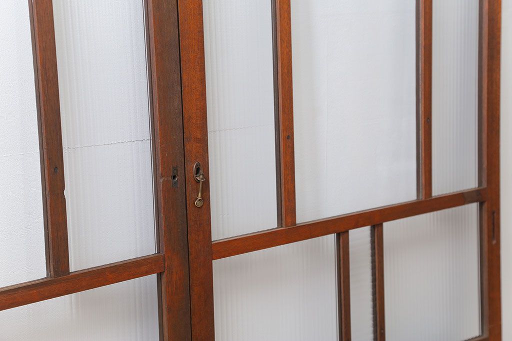 アンティーク モールガラス入りのレトロなガラス戸　2枚セット　(建具、引き戸)