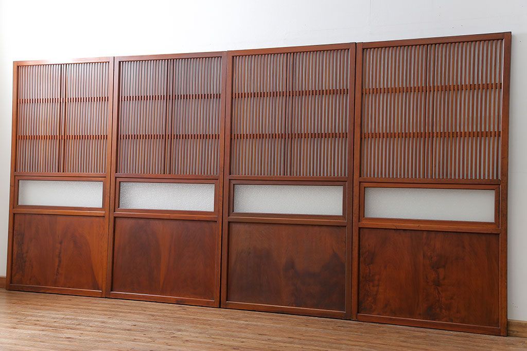 古民具・骨董 美しいガラス入り格子戸4枚セット　(建具・引き戸)