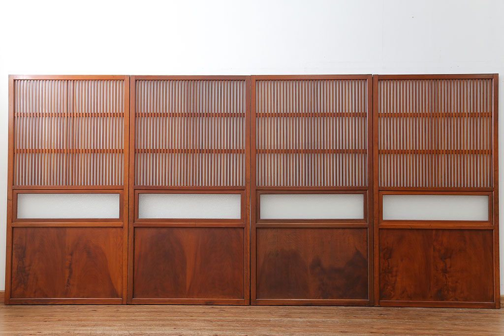 古民具・骨董 美しいガラス入り格子戸4枚セット　(建具・引き戸)