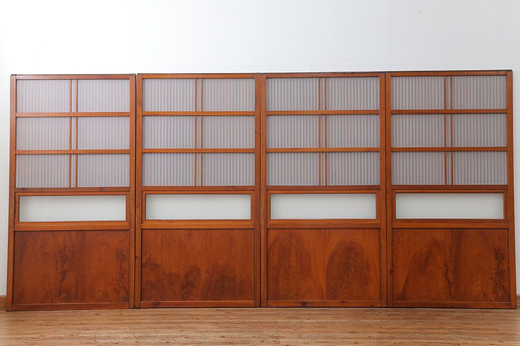 古民具・骨董 美しいガラス入り格子戸4枚セット　(建具・引き戸)