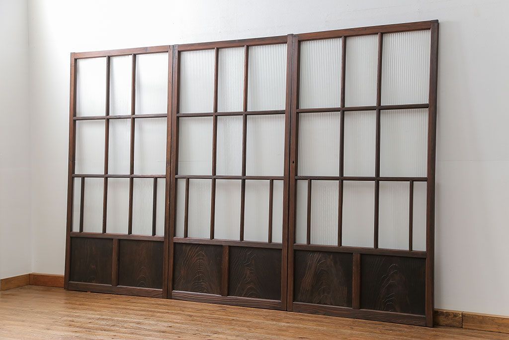 アンティーク 古い木のアンティークモールガラス戸3枚セット(建具、引き戸)