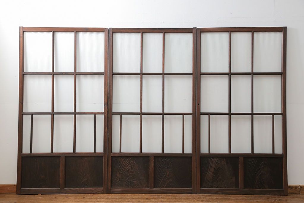 アンティーク 古い木のアンティークモールガラス戸3枚セット(建具、引き戸)