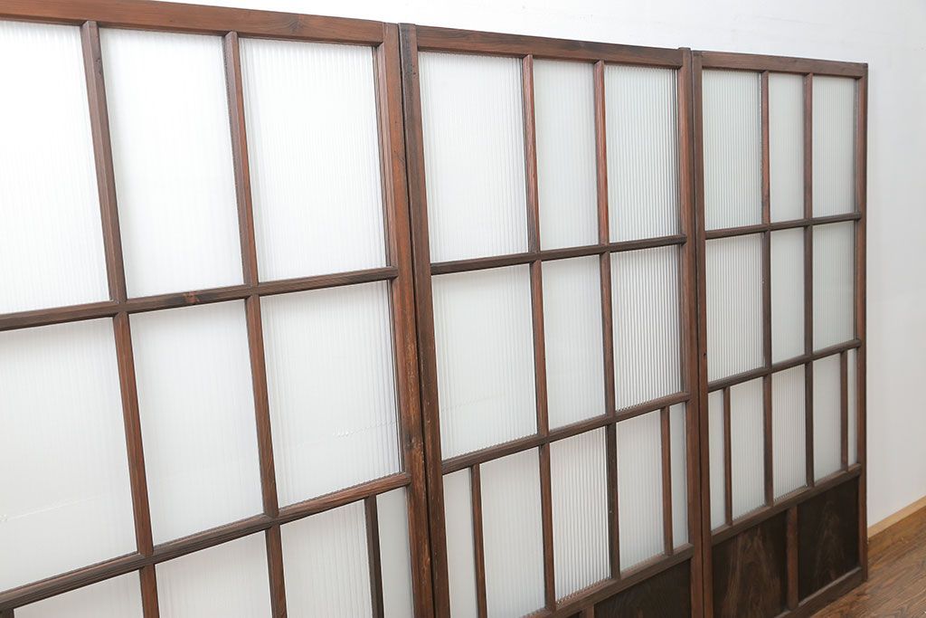 アンティーク 古い木のアンティークモールガラス戸3枚セット(建具、引き戸)