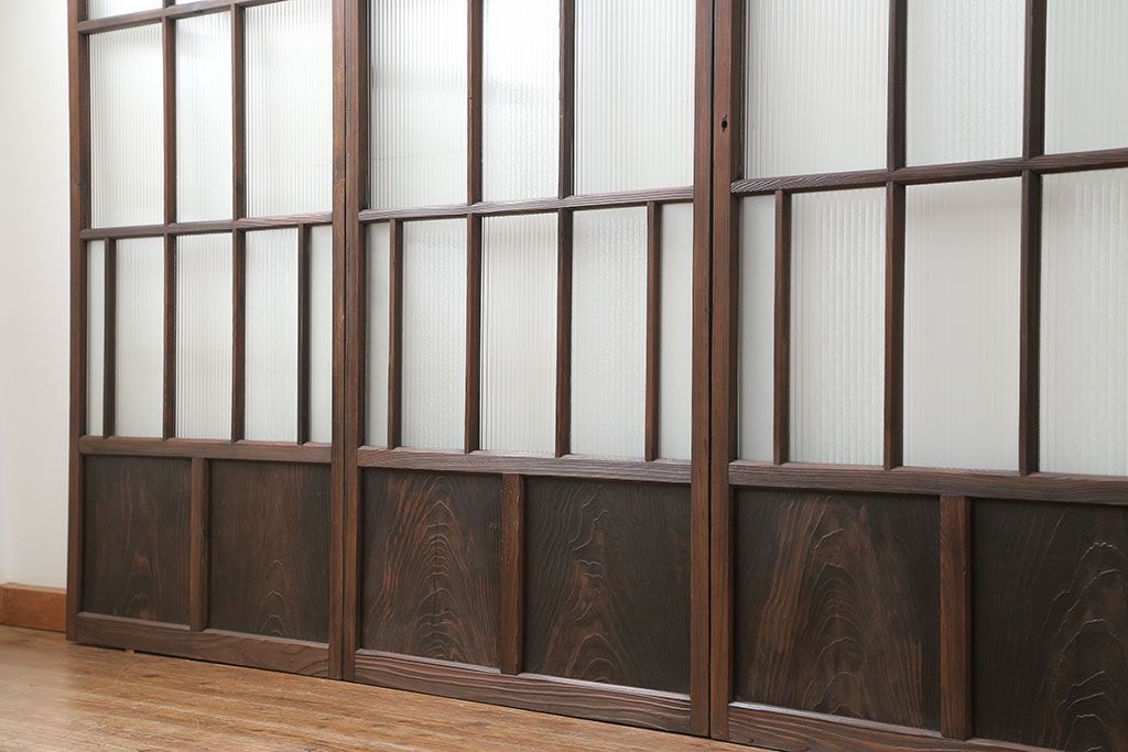 アンティーク 古い木のアンティークモールガラス戸3枚セット(建具、引き戸)