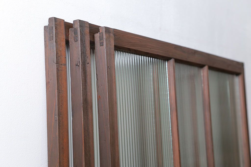 アンティーク 古い木のアンティークモールガラス戸3枚セット(建具、引き戸)