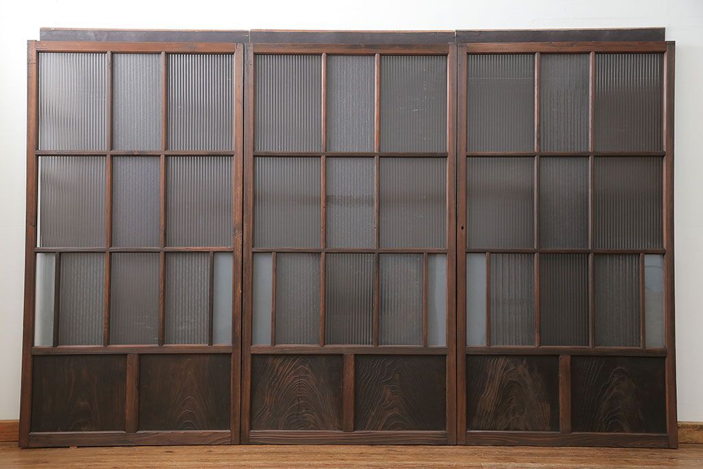 アンティーク 古い木のアンティークモールガラス戸3枚セット(建具、引き戸)