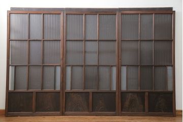 アンティーク 古い木のアンティークモールガラス戸3枚セット(建具、引き戸)