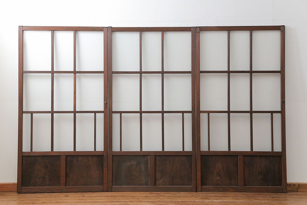 アンティーク 古い木のアンティークモールガラス戸3枚セット(建具、引き戸)