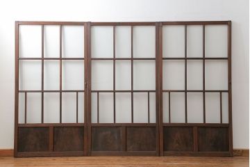 アンティーク 古い木のアンティークモールガラス戸3枚セット(建具、引き戸)