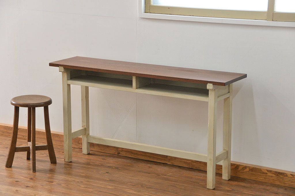 アンティーク家具　アンティークペイント　古い横長サイドテーブル(机、在宅ワーク、在宅用デスク、作業台)