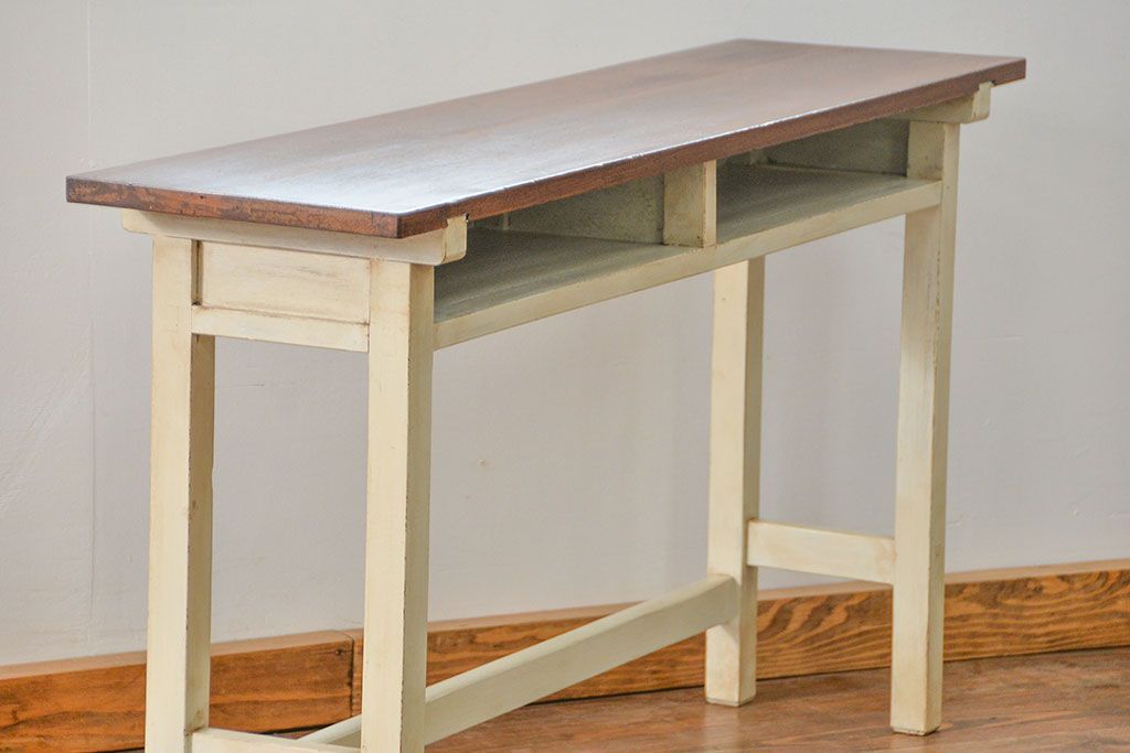 アンティーク家具　アンティークペイント　古い横長サイドテーブル(机、在宅ワーク、在宅用デスク、作業台)