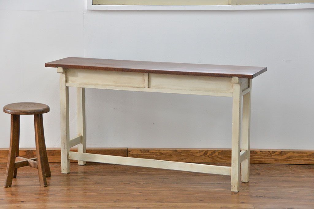 アンティーク家具　アンティークペイント　古い横長サイドテーブル(机、在宅ワーク、在宅用デスク、作業台)