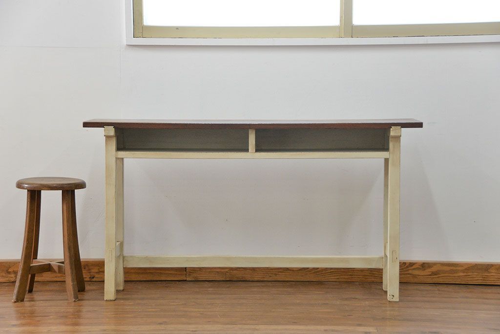 アンティーク家具　アンティークペイント仕上げ　横長サイドテーブル(4)　(机、在宅ワーク、在宅用デスク、作業台)