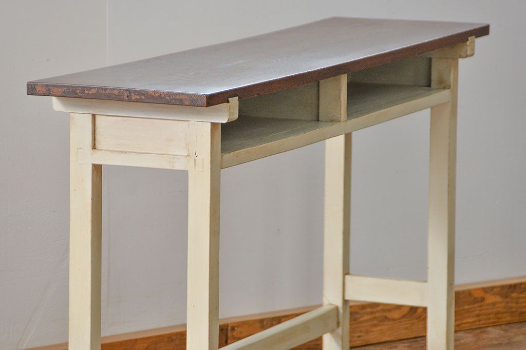 アンティーク家具　アンティークペイント仕上げ　横長サイドテーブル(4)　(机、在宅ワーク、在宅用デスク、作業台)