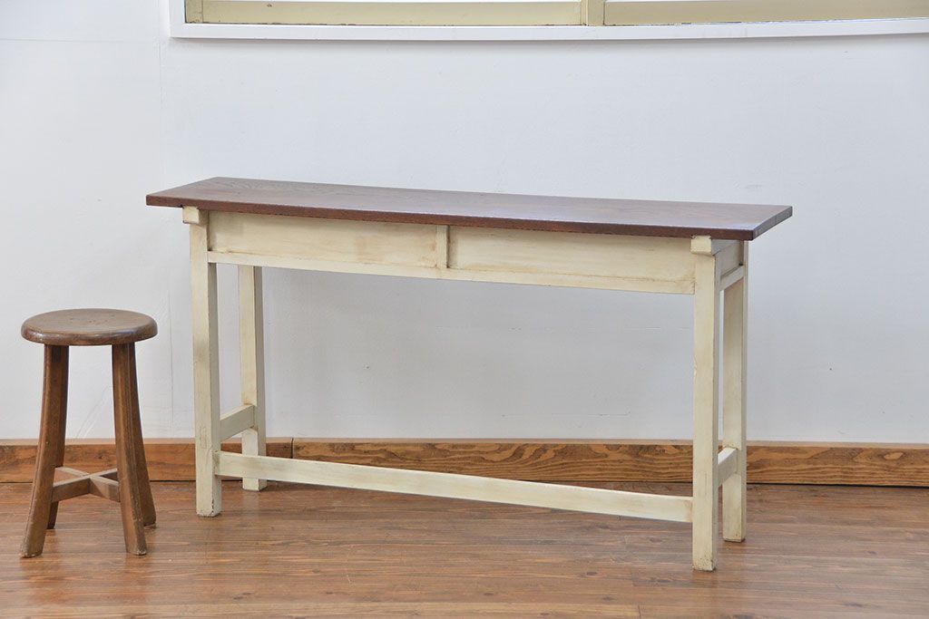アンティーク家具　アンティークペイント仕上げ　横長サイドテーブル(4)　(机、在宅ワーク、在宅用デスク、作業台)