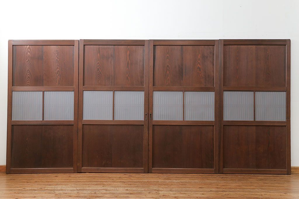 古民具・骨董 上質なガラス入り格子帯戸　4枚セット　(引き戸、ガラス帯戸)