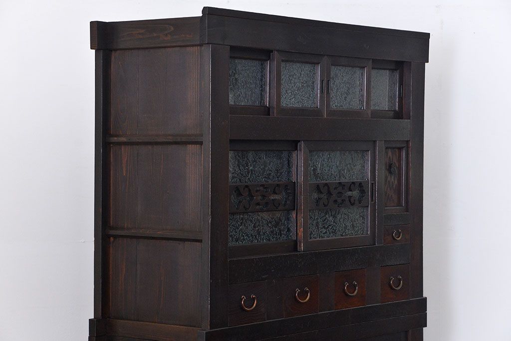 アンティーク家具　古民具・骨董 上品な結霜ガラス　4尺水屋箪笥　(食器棚、キャビネット)