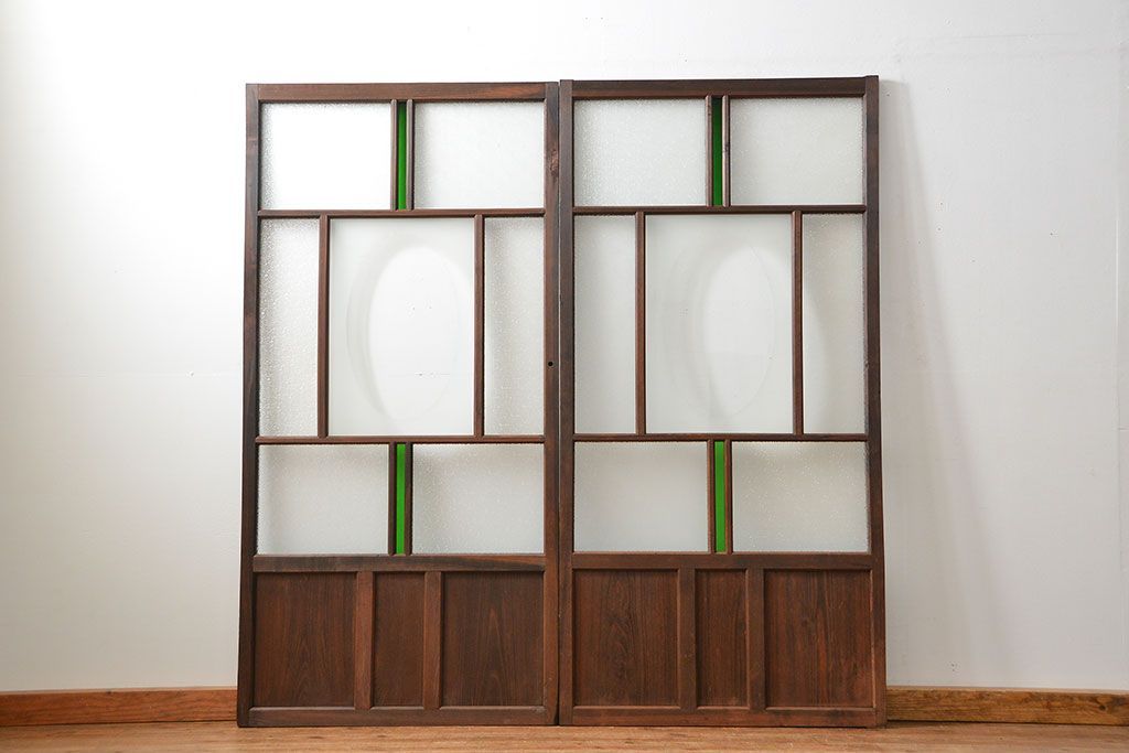 大正ロマン 色ガラス入りのアンティークガラス戸　2枚セット　(建具、引き戸)