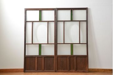 大正ロマン 色ガラス入りのアンティークガラス戸　2枚セット　(建具、引き戸)