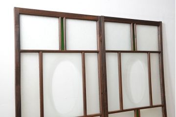 大正ロマン 色ガラス入りのアンティークガラス戸　2枚セット　(建具、引き戸)