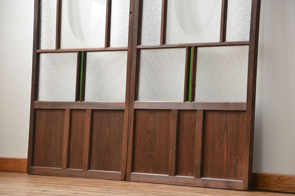 大正ロマン 色ガラス入りのアンティークガラス戸　2枚セット　(建具、引き戸)