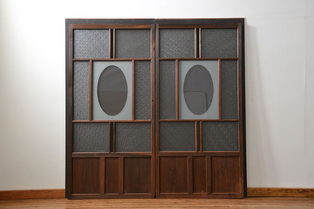 大正ロマン 色ガラス入りのアンティークガラス戸　2枚セット　(建具、引き戸)