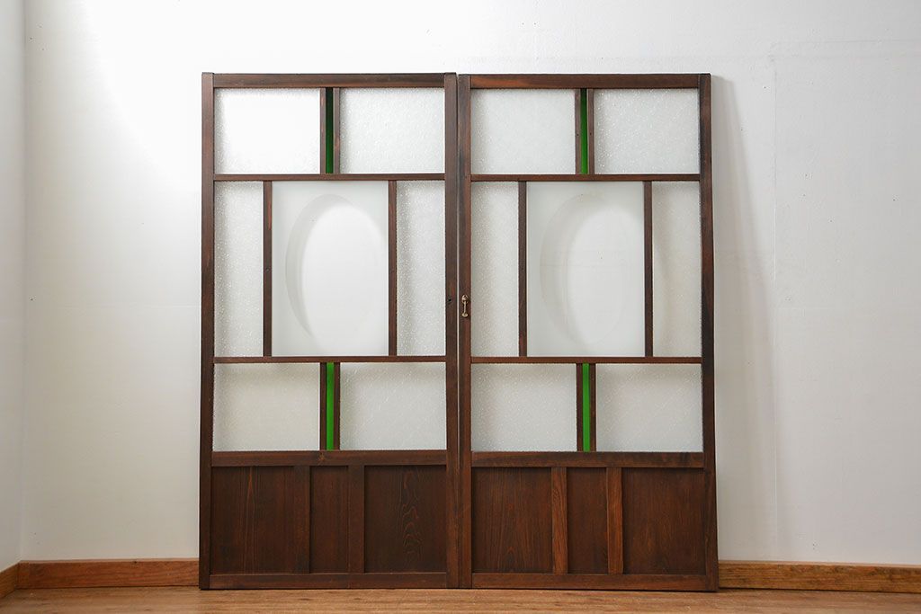 大正ロマン 色ガラス入りのアンティークガラス戸　2枚セット　(建具、引き戸)