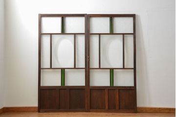 大正ロマン 色ガラス入りのアンティークガラス戸　2枚セット　(建具、引き戸)