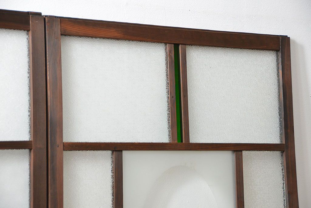 大正ロマン 色ガラス入りのアンティークガラス戸　2枚セット　(建具、引き戸)