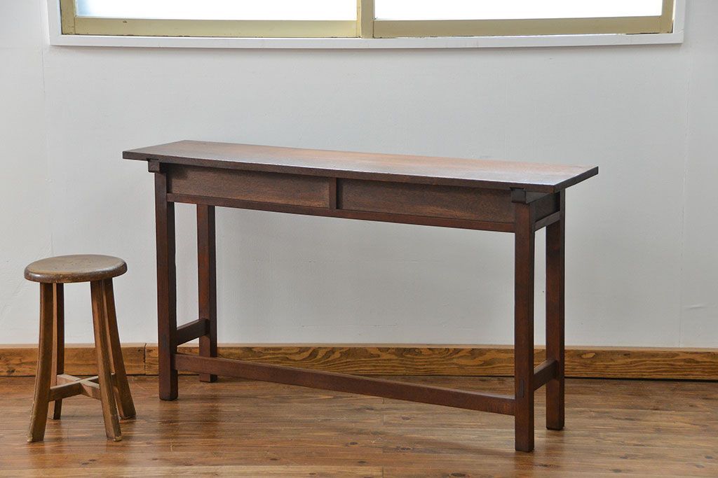 アンティーク家具　アンティーク  天板ナラ材の横長テーブル(6)(サイドテーブル、机、在宅ワーク、在宅用デスク)