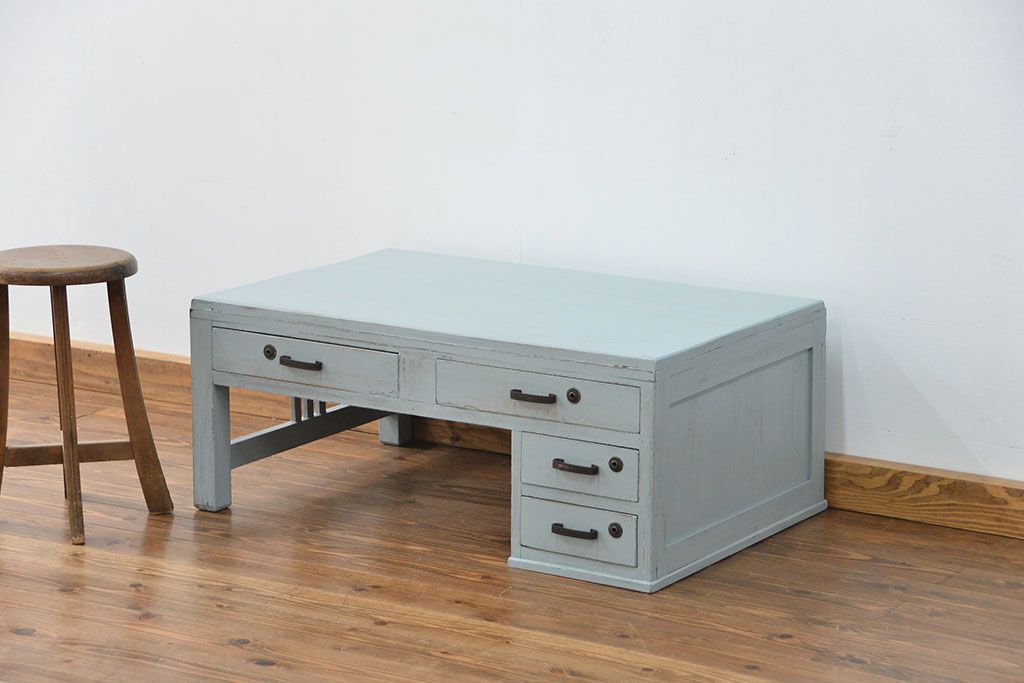 アンティーク家具　アンティークペイント 片袖机(テーブル、作業台)