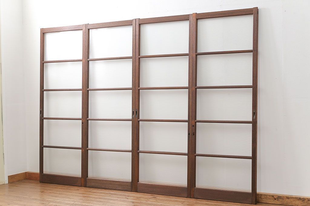 昭和レトロ モールガラス入りのシンプルなガラス戸　4枚セット　(引き戸)