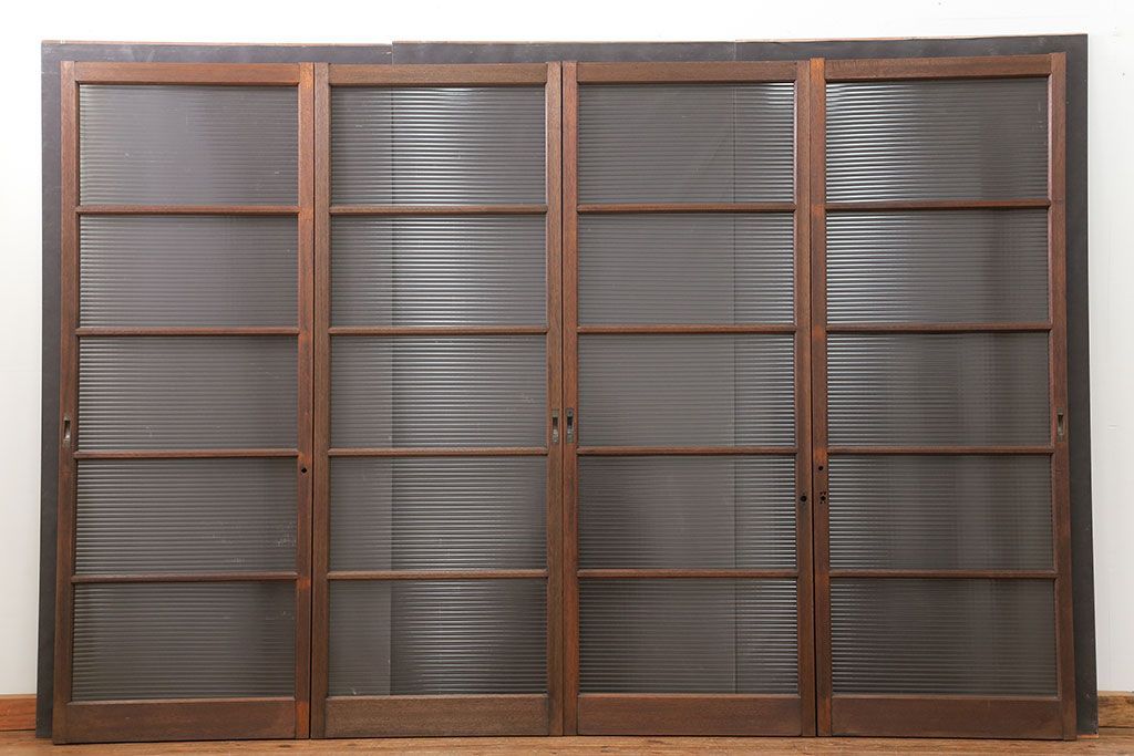 昭和レトロ モールガラス入りのシンプルなガラス戸　4枚セット　(引き戸)