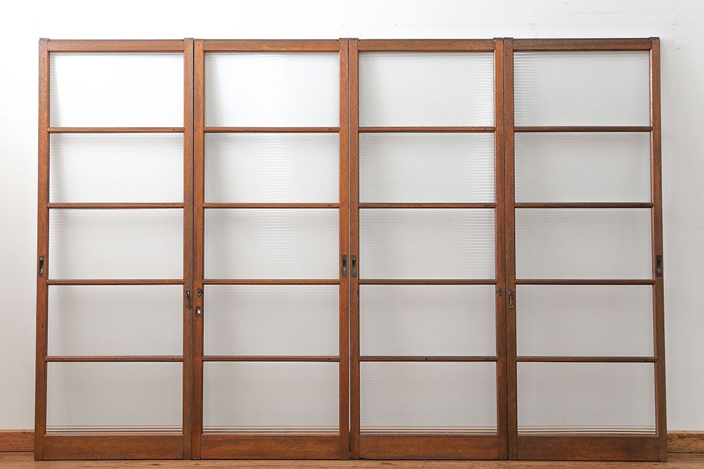 昭和レトロ モールガラス入りのシンプルなガラス戸　4枚セット　(引き戸)